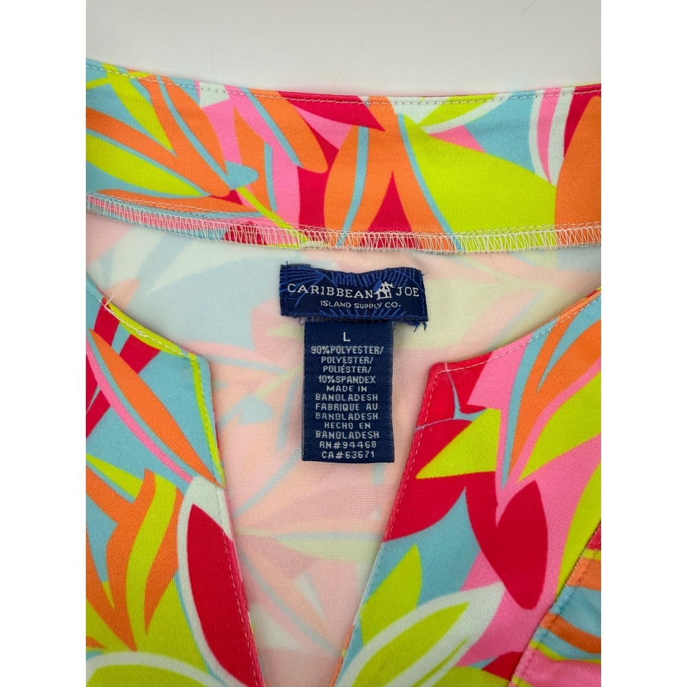 Caribbean Joe Womens Large Tropical Floral Sleeveless V-Neck Top Pink Orange L - Picture 4 of 5